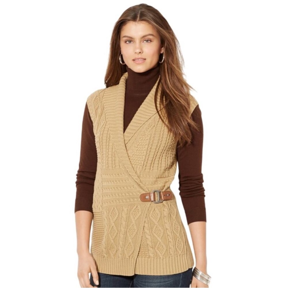 Lauren Ralph Lauren Tan Surplice Cable Knit Sweater Vest Buckle XXL - Picture 2 of 13